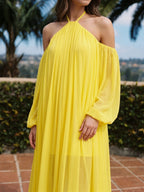 Lemon Tulle A-Line Halter Backless Floor Bridesmaid Dress with Pleats - Curvevia