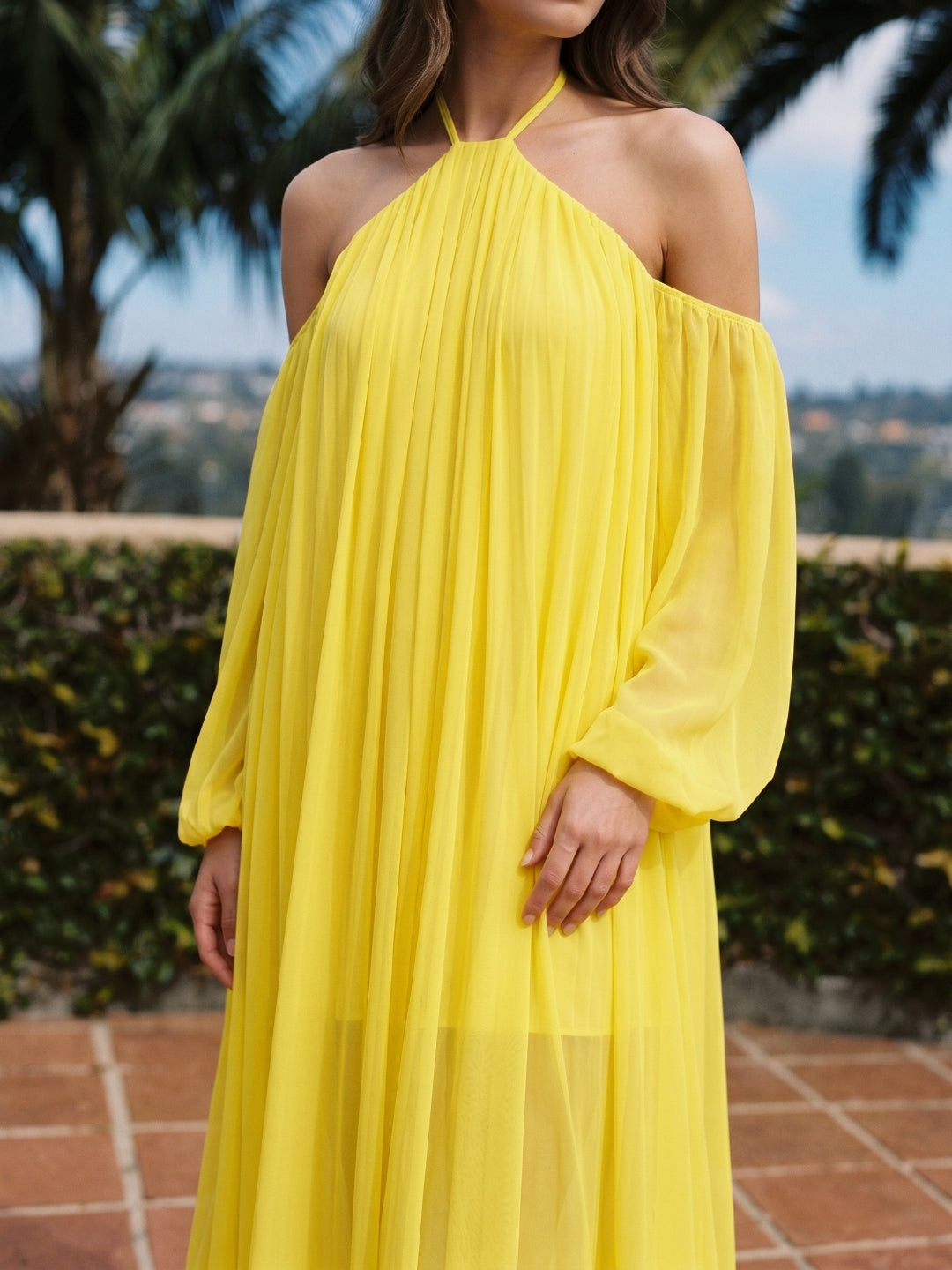 Lemon Tulle A-Line Halter Backless Floor Bridesmaid Dress with Pleats - Curvevia