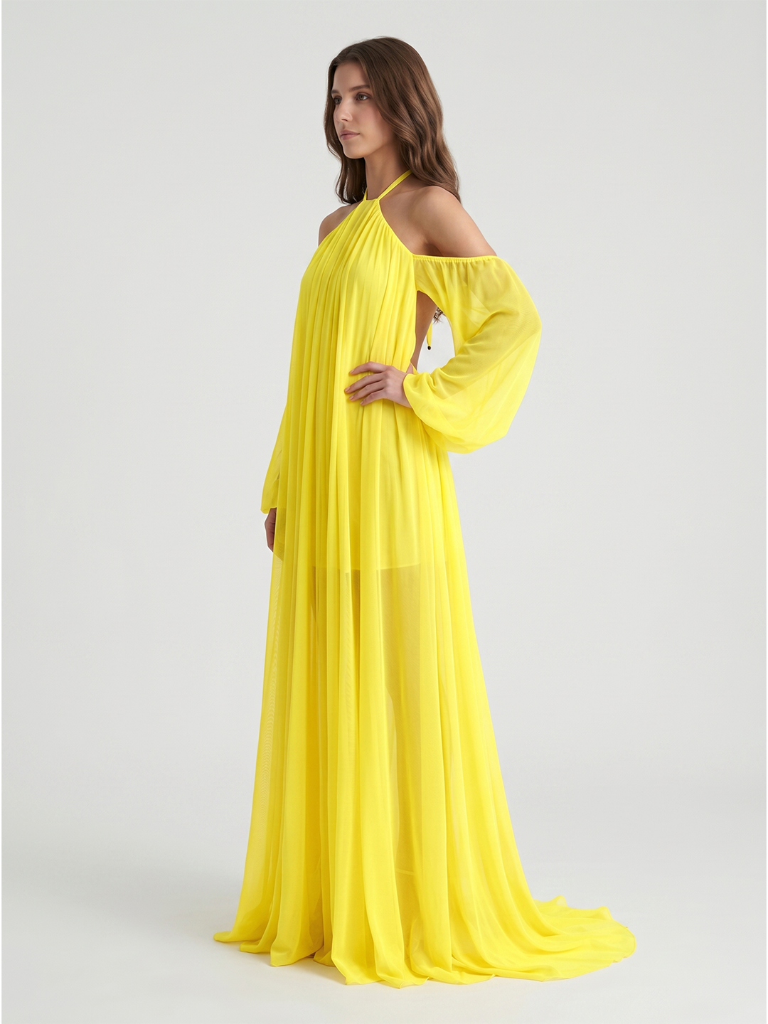 Lemon Tulle A-Line Halter Backless Floor Bridesmaid Dress with Pleats - Curvevia
