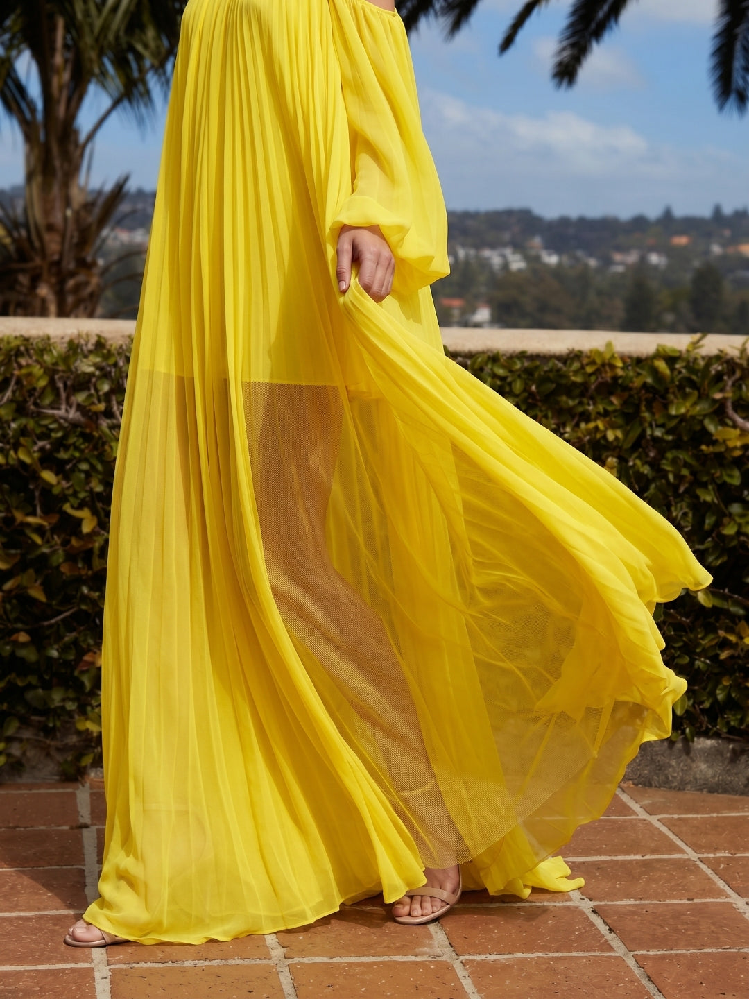Lemon Tulle A-Line Halter Backless Floor Bridesmaid Dress with Pleats - Curvevia