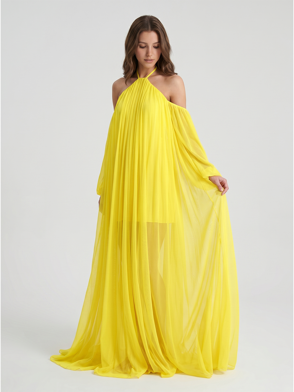 Lemon Tulle A-Line Halter Backless Floor Bridesmaid Dress with Pleats - Curvevia