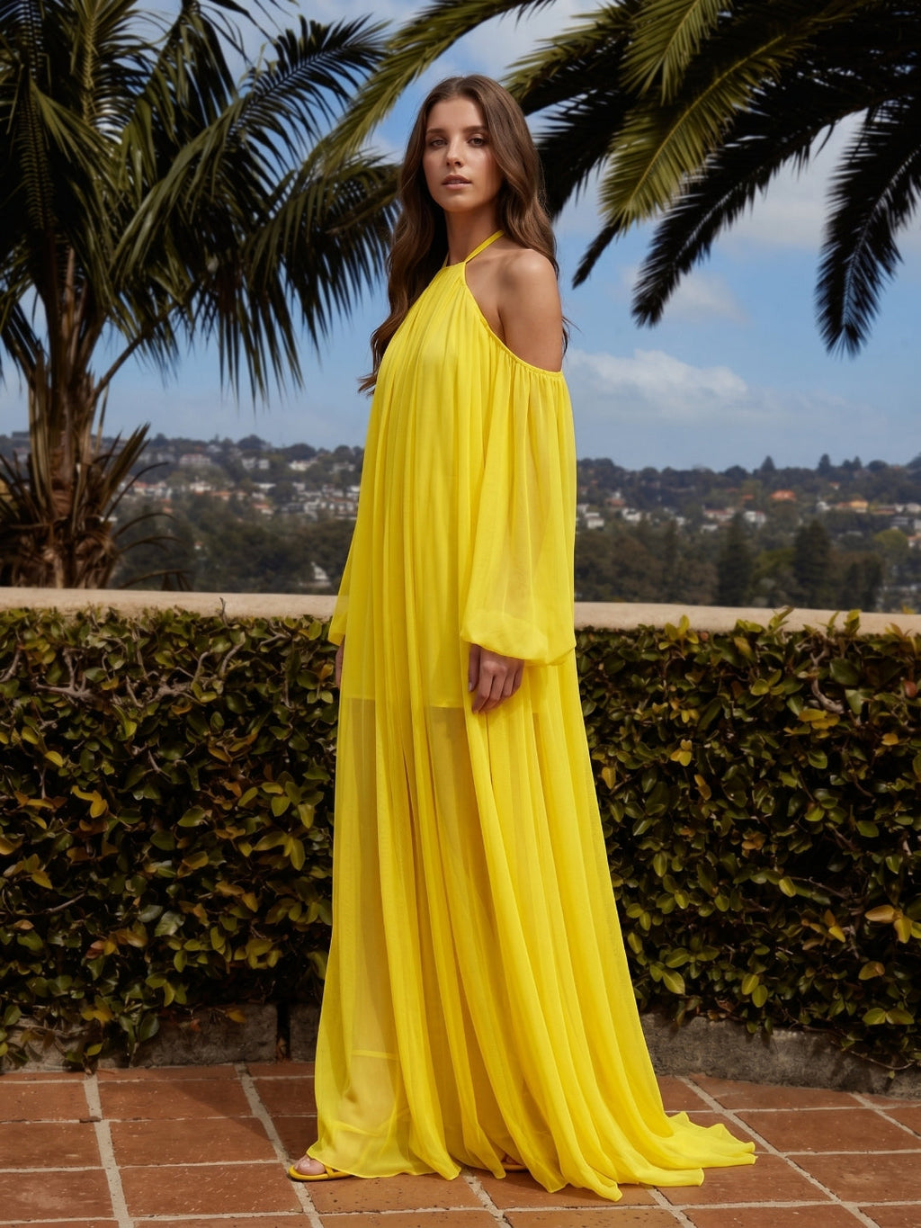 Lemon Tulle A-Line Halter Backless Floor Bridesmaid Dress with Pleats - Curvevia