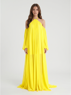 Lemon Tulle A-Line Halter Backless Floor Bridesmaid Dress with Pleats - Curvevia