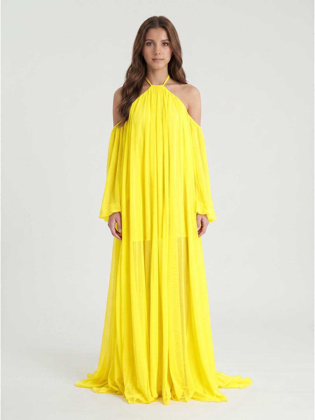 Lemon Tulle A-Line Halter Backless Floor Bridesmaid Dress with Pleats - Curvevia