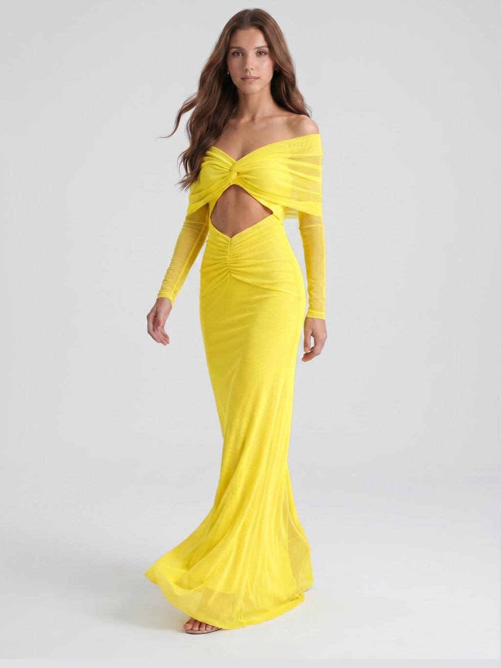 Lemon Tulle Column Off-the-Shoulder Illusion Floor-Length Bridesmaid Dress with Pleats - Curvevia