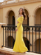 Lemon Tulle Column Off-the-Shoulder Illusion Floor-Length Bridesmaid Dress with Pleats - Curvevia
