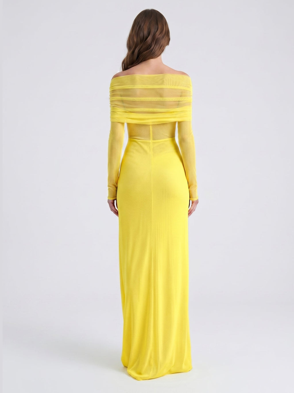 Lemon Tulle Column Off-the-Shoulder Illusion Floor-Length Bridesmaid Dress with Pleats - Curvevia
