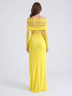 Lemon Tulle Column Off-the-Shoulder Illusion Floor-Length Bridesmaid Dress with Pleats - Curvevia