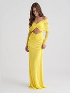 Lemon Tulle Column Off-the-Shoulder Illusion Floor-Length Bridesmaid Dress with Pleats - Curvevia