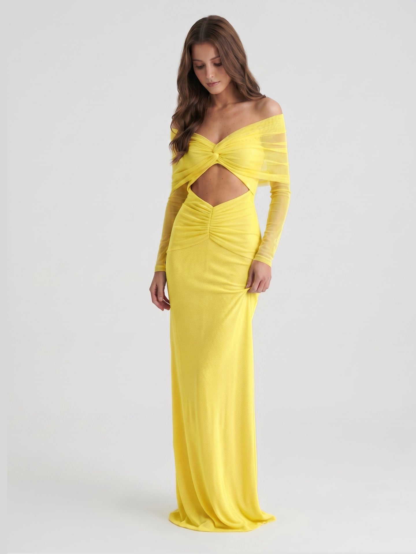 Lemon Tulle Column Off-the-Shoulder Illusion Floor-Length Bridesmaid Dress with Pleats - Curvevia