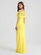 Lemon Tulle Column Off-the-Shoulder Illusion Floor-Length Bridesmaid Dress with Pleats - Curvevia