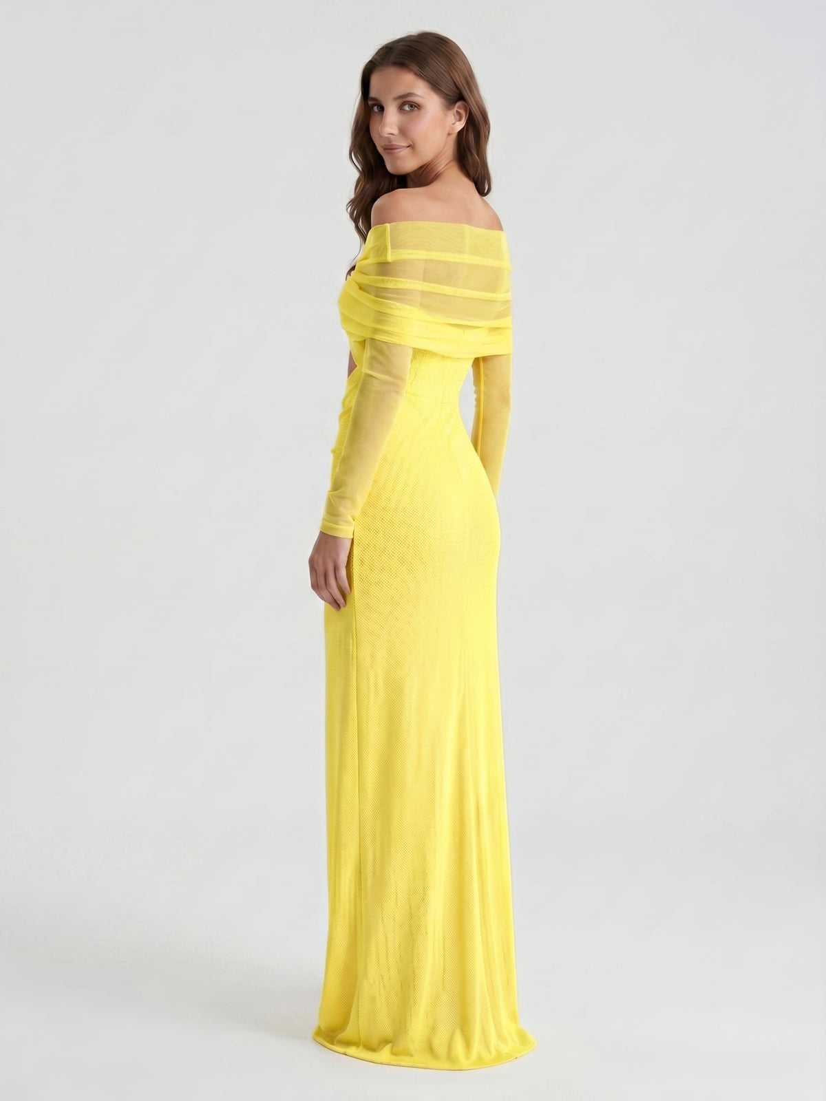 Lemon Tulle Column Off-the-Shoulder Illusion Floor-Length Bridesmaid Dress with Pleats - Curvevia