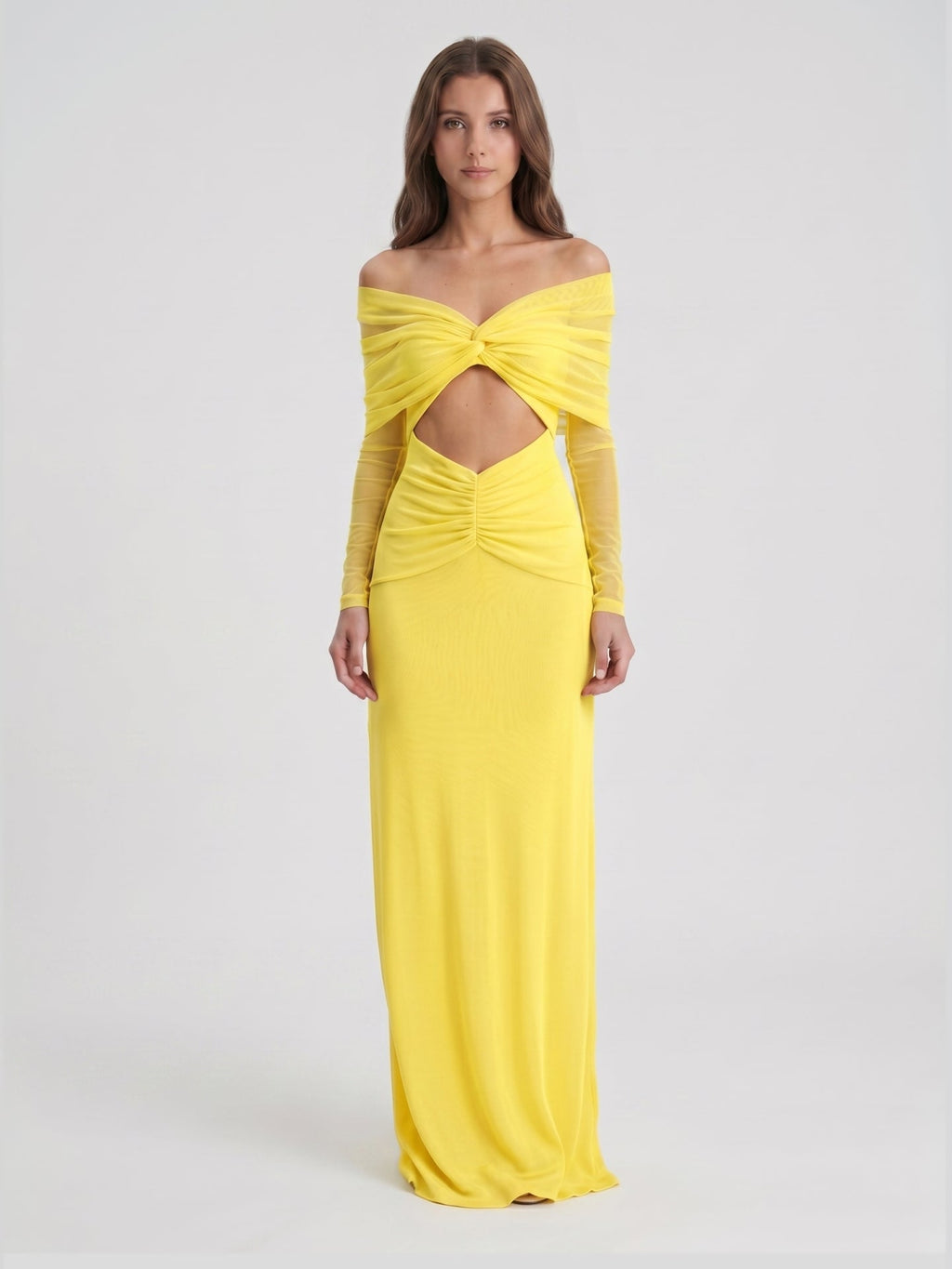 Lemon Tulle Column Off-the-Shoulder Illusion Floor-Length Bridesmaid Dress with Pleats - Curvevia