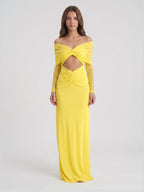 Lemon Tulle Column Off-the-Shoulder Illusion Floor-Length Bridesmaid Dress with Pleats - Curvevia