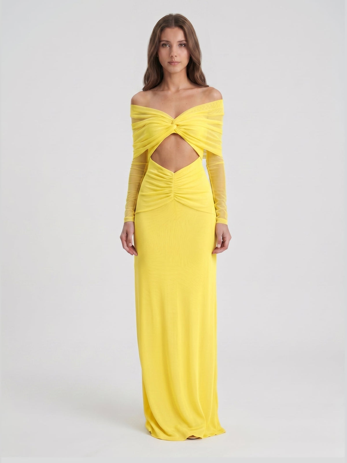 Lemon Tulle Column Off-the-Shoulder Illusion Floor-Length Bridesmaid Dress with Pleats - Curvevia