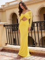 Lemon Tulle Column Off-the-Shoulder Illusion Floor-Length Bridesmaid Dress with Pleats - Curvevia
