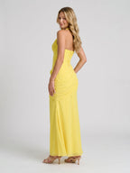 Lemon Tulle Sheath V-Neck Backless Floor-Length Formal Dress with Pleating - Curvevia