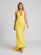 Lemon Tulle Sheath V-Neck Backless Floor-Length Formal Dress with Pleating - Curvevia