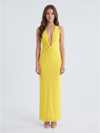 Lemon Tulle Sheath V-Neck Side Zip Floor Bridesmaid Dress with Pleats - Curvevia
