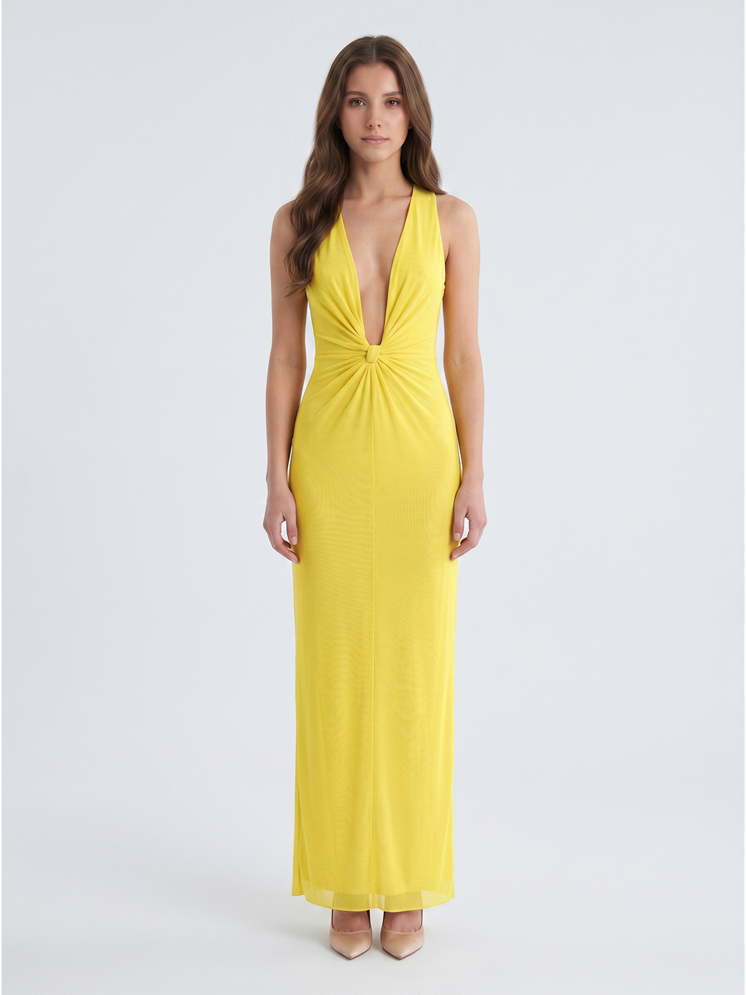 Lemon Tulle Sheath V-Neck Side Zip Floor Bridesmaid Dress with Pleats - Curvevia