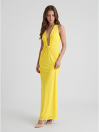 Lemon Tulle Sheath V-Neck Side Zip Floor Bridesmaid Dress with Pleats - Curvevia
