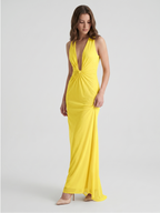 Lemon Tulle Sheath V-Neck Side Zip Floor Bridesmaid Dress with Pleats - Curvevia
