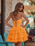Yellow A-Line Sweetheart Corset Ruffle Homecoming Dress With Applique - Curvevia
