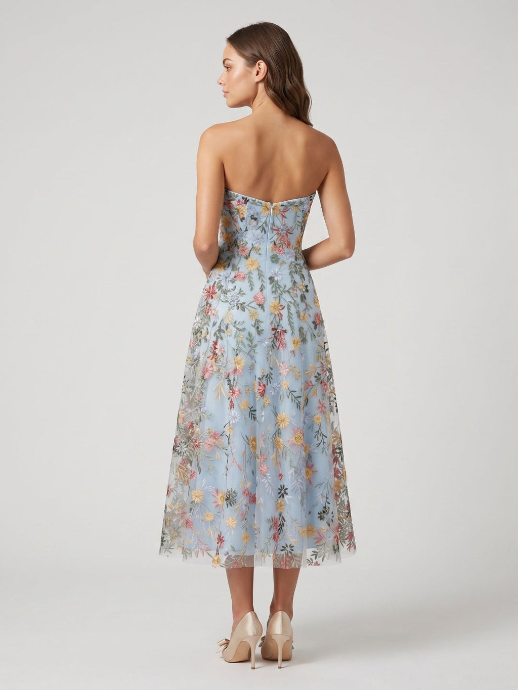 Mauve Floral Tulle A-Line Sweetheart Zipper Back Midi Dress - Curvevia