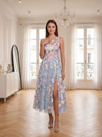 Sky Blue with Pastel Flowers Mesh Tulle A-Line One Shoulder Midi Dress - Curvevia