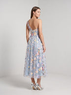 Sky Blue with Pastel Flowers Mesh Tulle A-Line One Shoulder Midi Dress - Curvevia