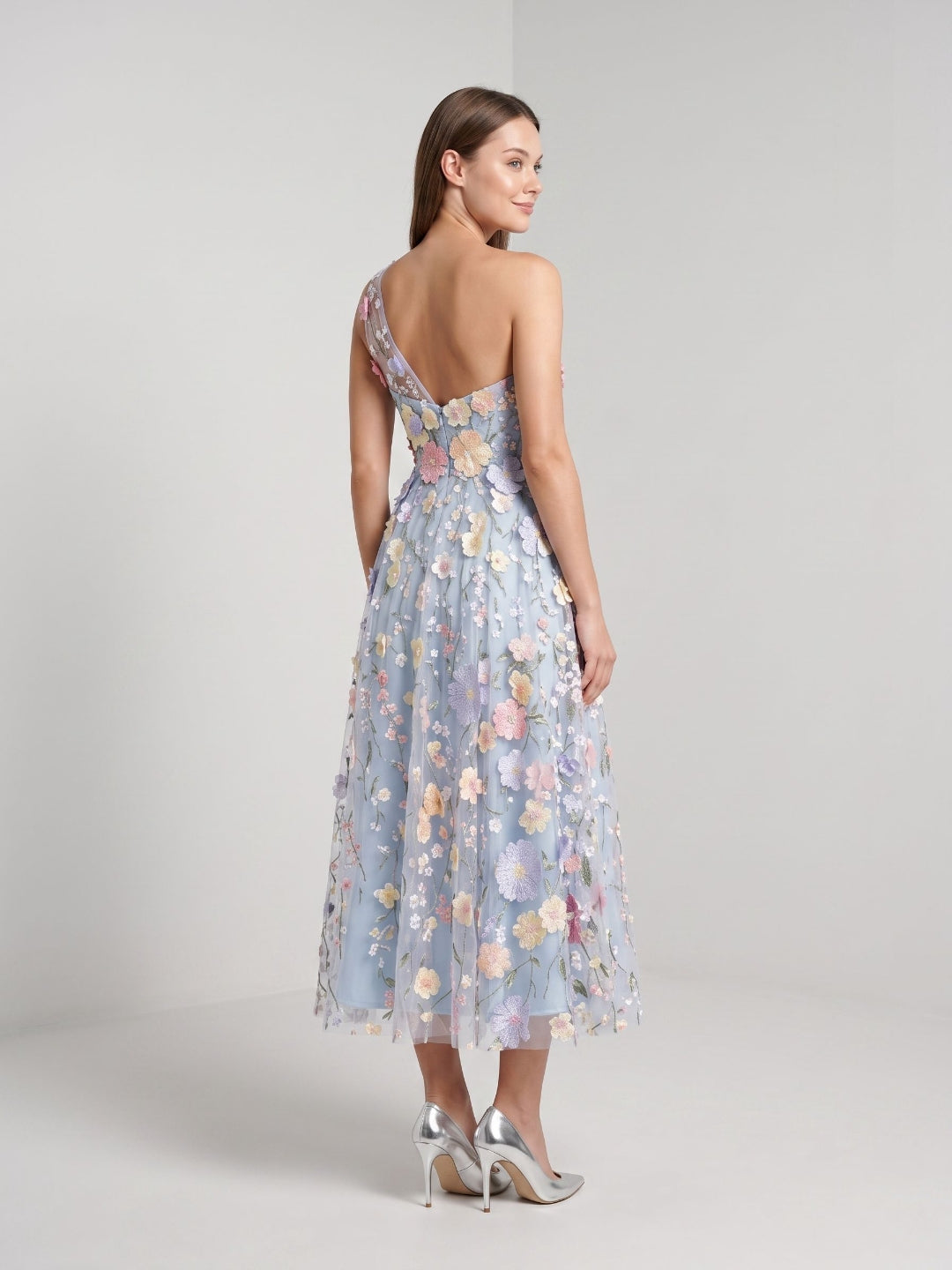 Sky Blue with Pastel Flowers Mesh Tulle A-Line One Shoulder Midi Dress - Curvevia