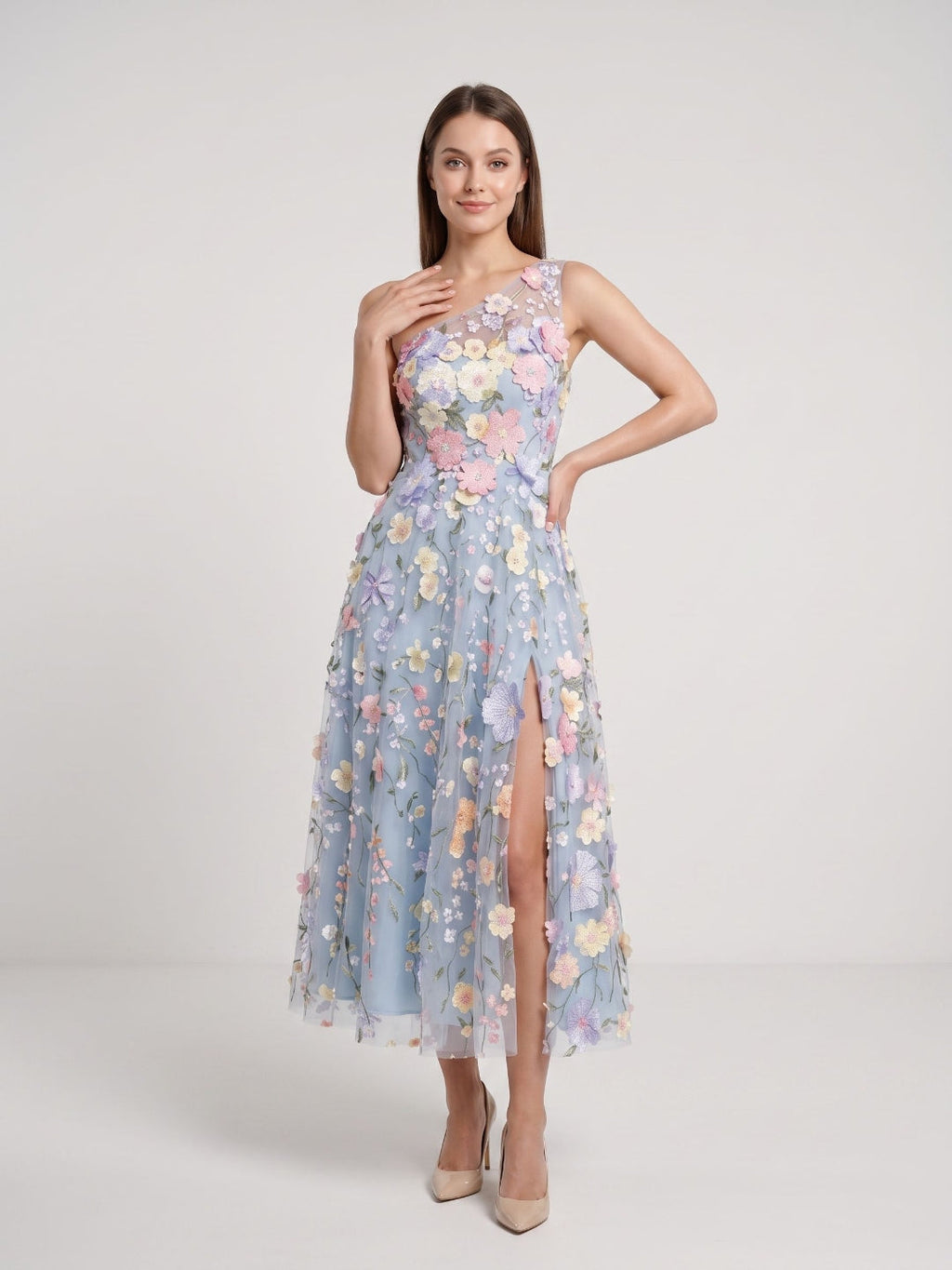Sky Blue with Pastel Flowers Mesh Tulle A-Line One Shoulder Midi Dress - Curvevia
