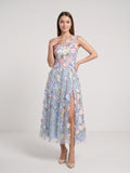 Sky Blue with Pastel Flowers Mesh Tulle A-Line One Shoulder Midi Dress - Curvevia