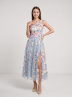 Sky Blue with Pastel Flowers Mesh Tulle A-Line One Shoulder Midi Dress - Curvevia
