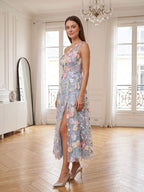 Sky Blue with Pastel Flowers Mesh Tulle A-Line One Shoulder Midi Dress - Curvevia