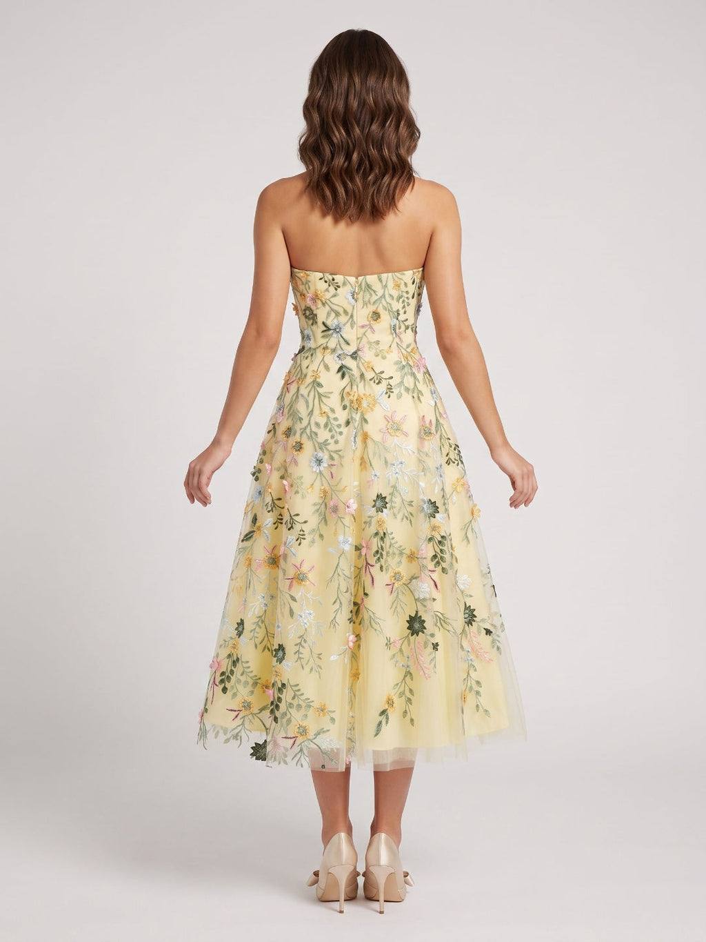 Mauve Floral Tulle A-Line Sweetheart Zipper Back Midi Dress - Curvevia