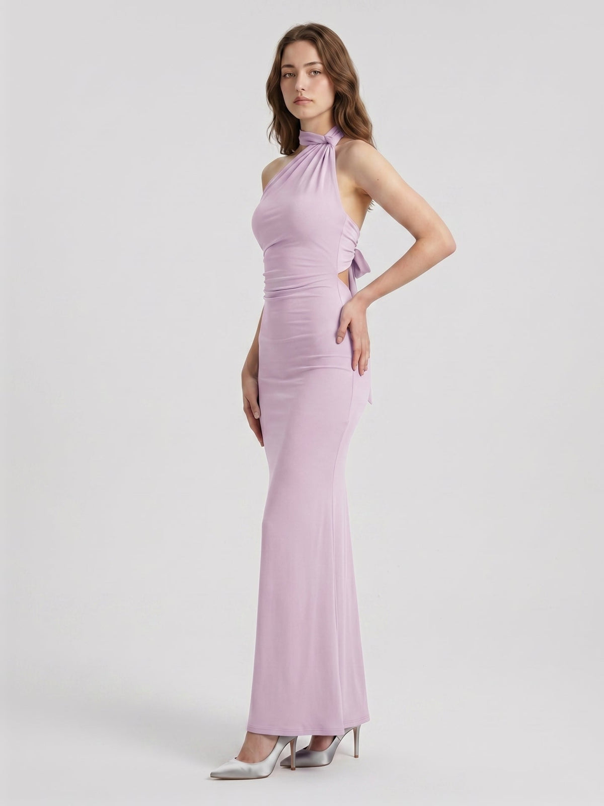 Lilac Matte Satin Mermaid Halter Neckline Backless Floor-Length Bridesmaid Dress with Bow - Curvevia