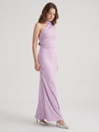 Lilac Matte Satin Mermaid Halter Neckline Backless Floor-Length Bridesmaid Dress with Bow - Curvevia