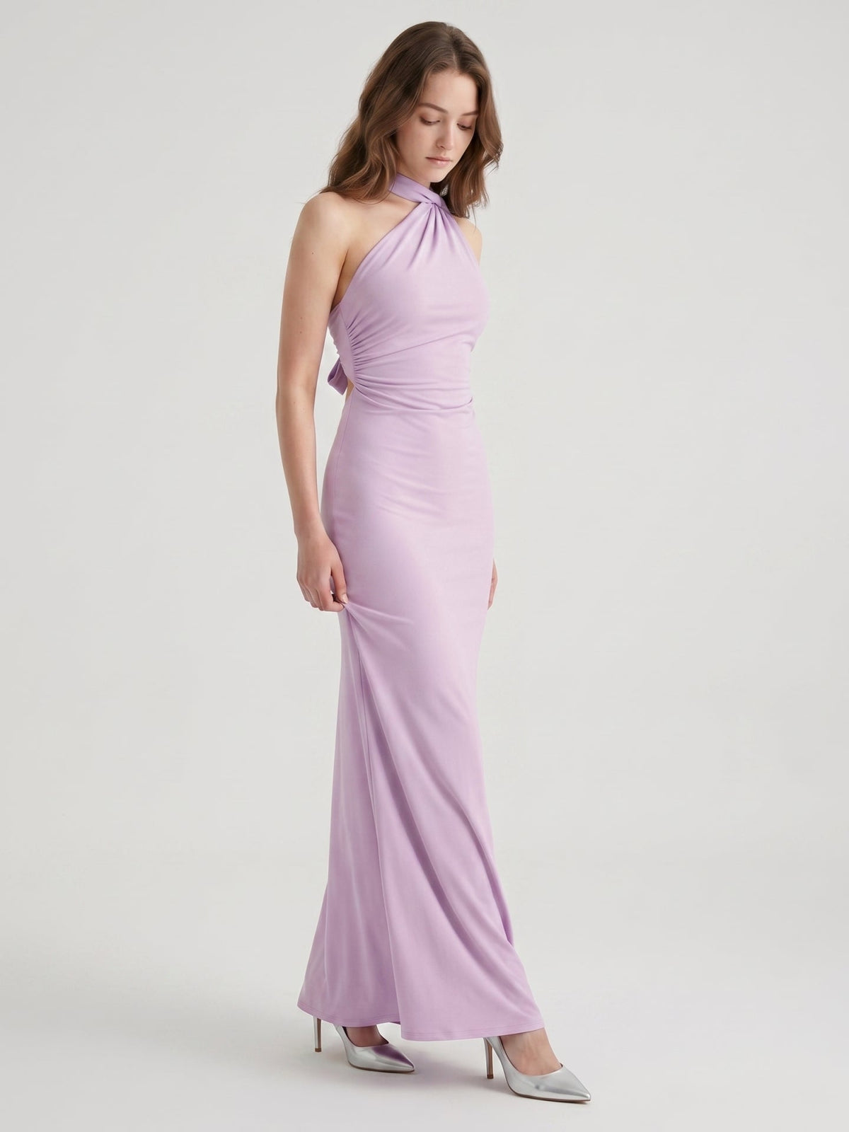 Lilac Matte Satin Mermaid Halter Neckline Backless Floor-Length Bridesmaid Dress with Bow - Curvevia