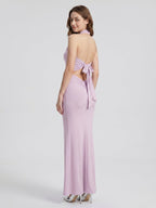 Lilac Matte Satin Mermaid Halter Neckline Backless Floor-Length Bridesmaid Dress with Bow - Curvevia