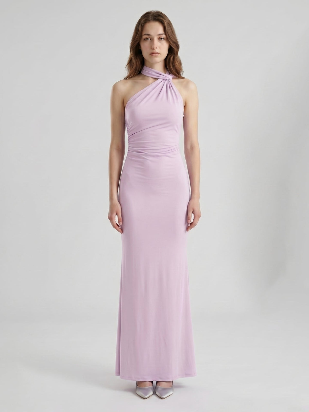 Lilac Matte Satin Mermaid Halter Neckline Backless Floor-Length Bridesmaid Dress with Bow - Curvevia