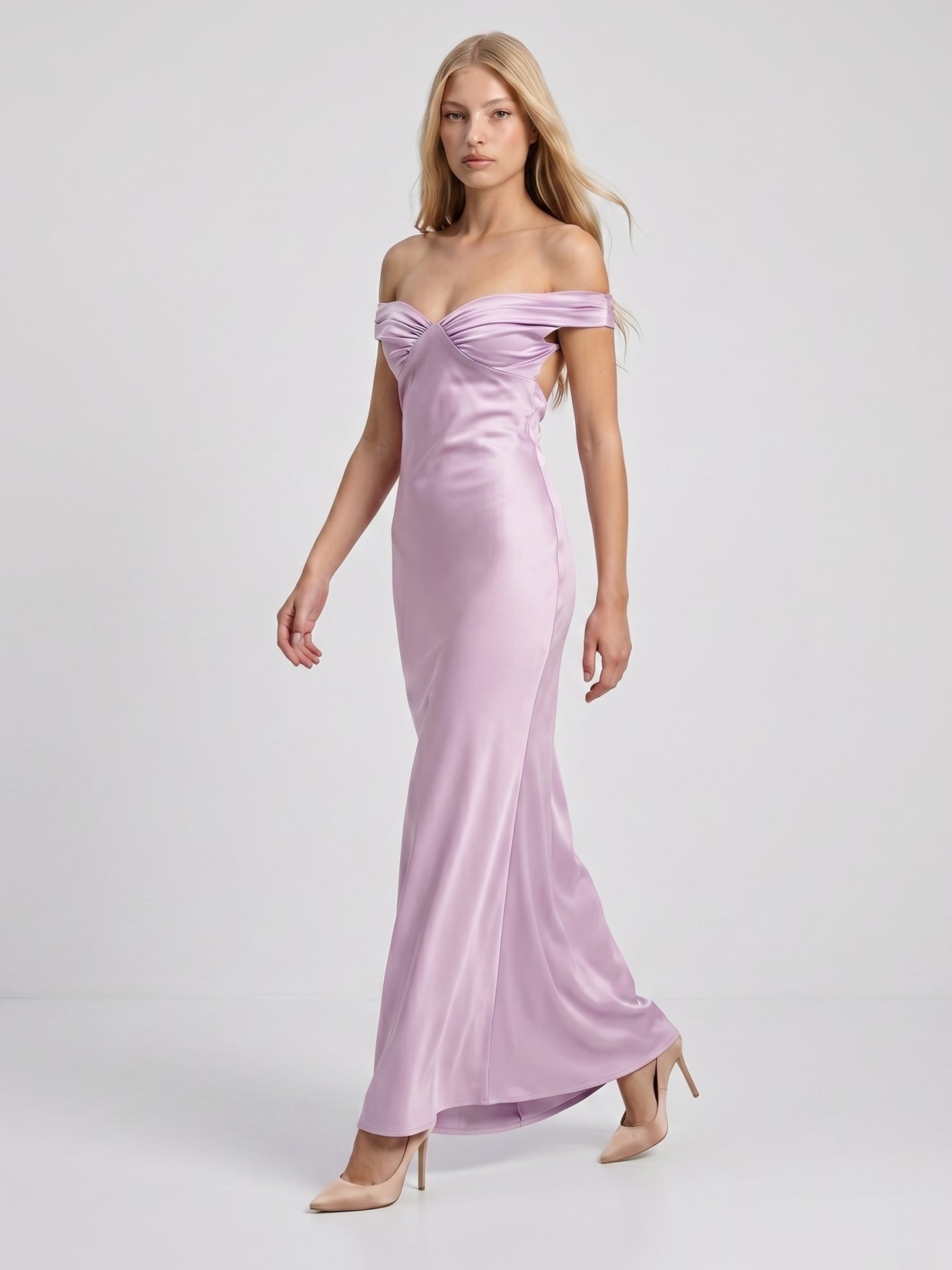 Lilac Satin Mermaid Off-the-Shoulder Backless Floor-Length Bridesmaid Dress - Curvevia