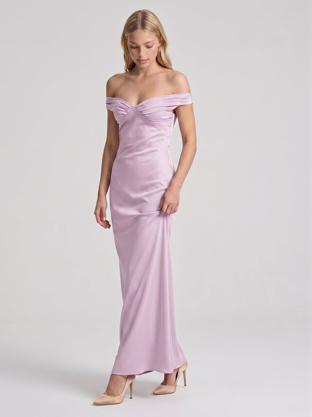 Lilac Satin Mermaid Off-the-Shoulder Backless Floor-Length Bridesmaid Dress - Curvevia