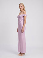 Lilac Satin Mermaid Off-the-Shoulder Backless Floor-Length Bridesmaid Dress - Curvevia