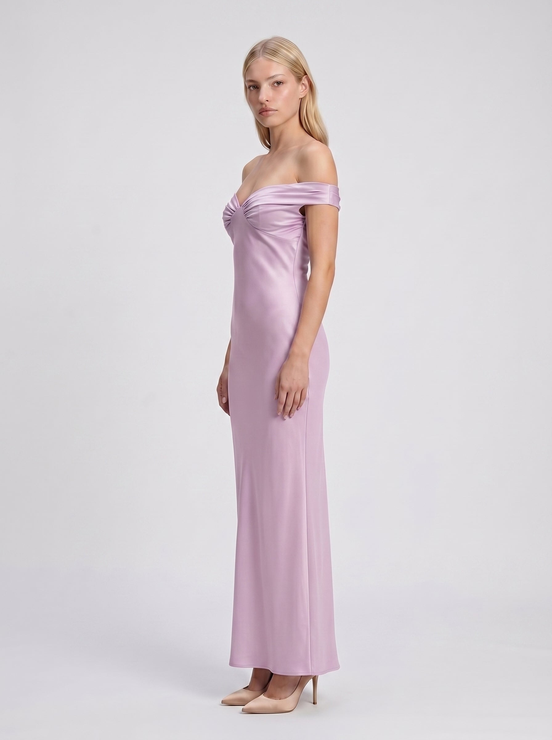 Lilac Satin Mermaid Off-the-Shoulder Backless Floor-Length Bridesmaid Dress - Curvevia