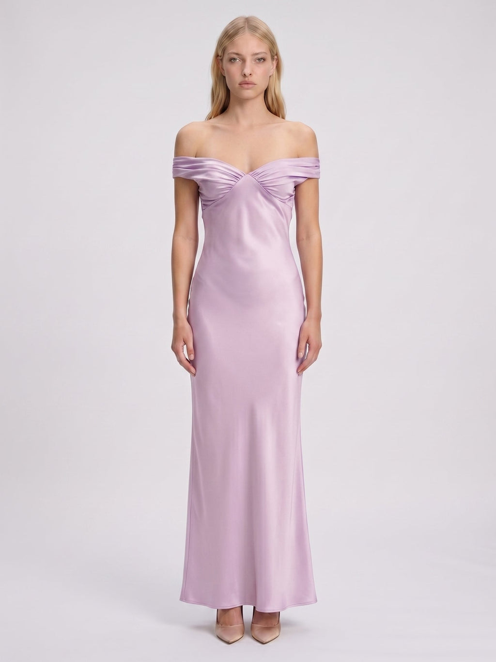 Lilac Satin Mermaid Off-the-Shoulder Backless Floor-Length Bridesmaid Dress - Curvevia