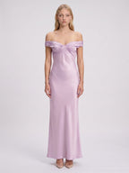 Lilac Satin Mermaid Off-the-Shoulder Backless Floor-Length Bridesmaid Dress - Curvevia