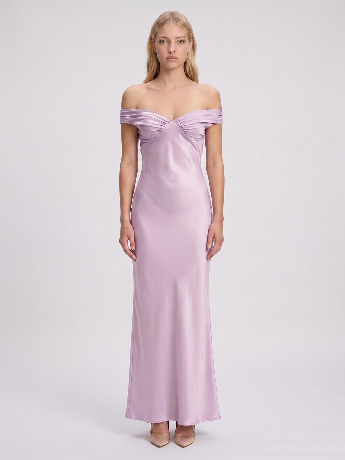 Lilac Satin Mermaid Off-the-Shoulder Backless Floor-Length Bridesmaid Dress - Curvevia