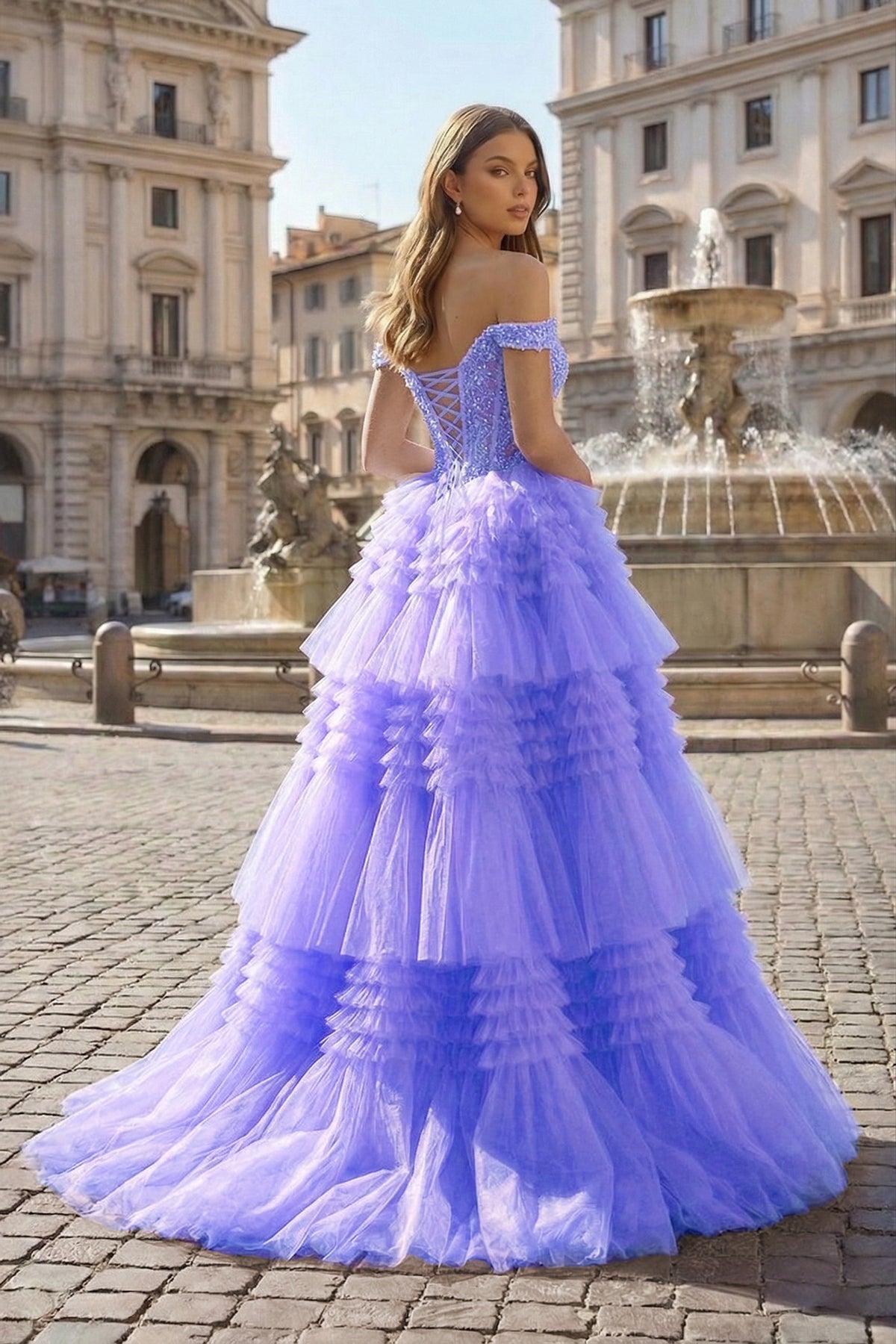 Red Tulle Off-the-Shoulder Ruffle Tiered Long Prom Dress - Curvevia