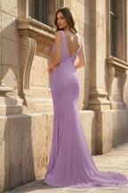 Pink V Neck Mermaid Satin Long Evening Dress With Pearls - Curvevia